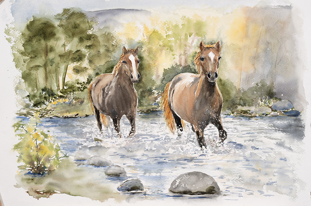 Two Horses in River 28 x 42cm Watercolour Print