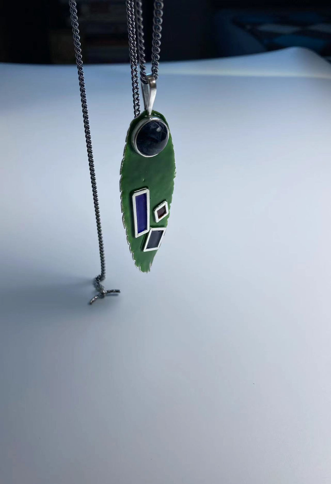 Enamel and Pietersite Green Leaf Pendant & Chain