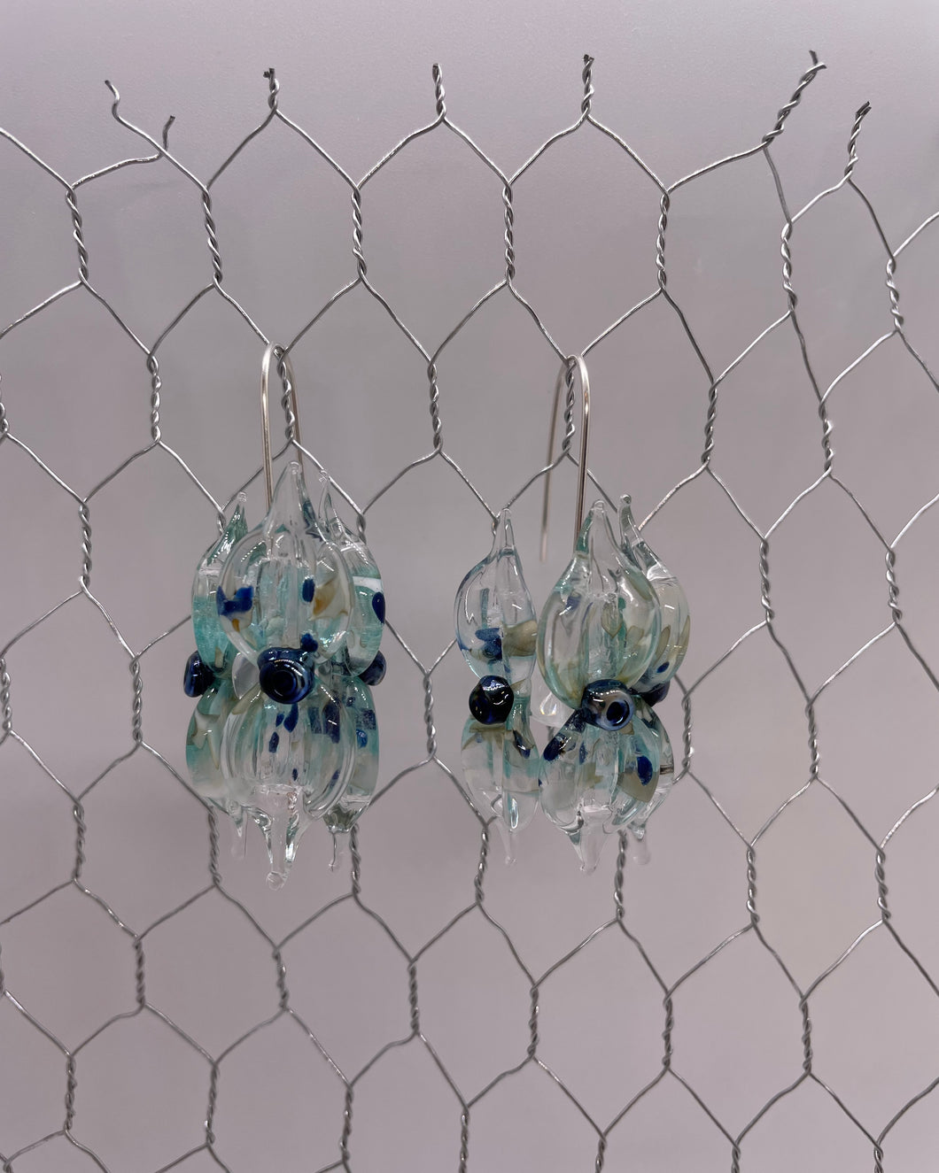 Light Mint with  blue & white confetti  & Silver Sturt's Desert Pea Glass Earrings